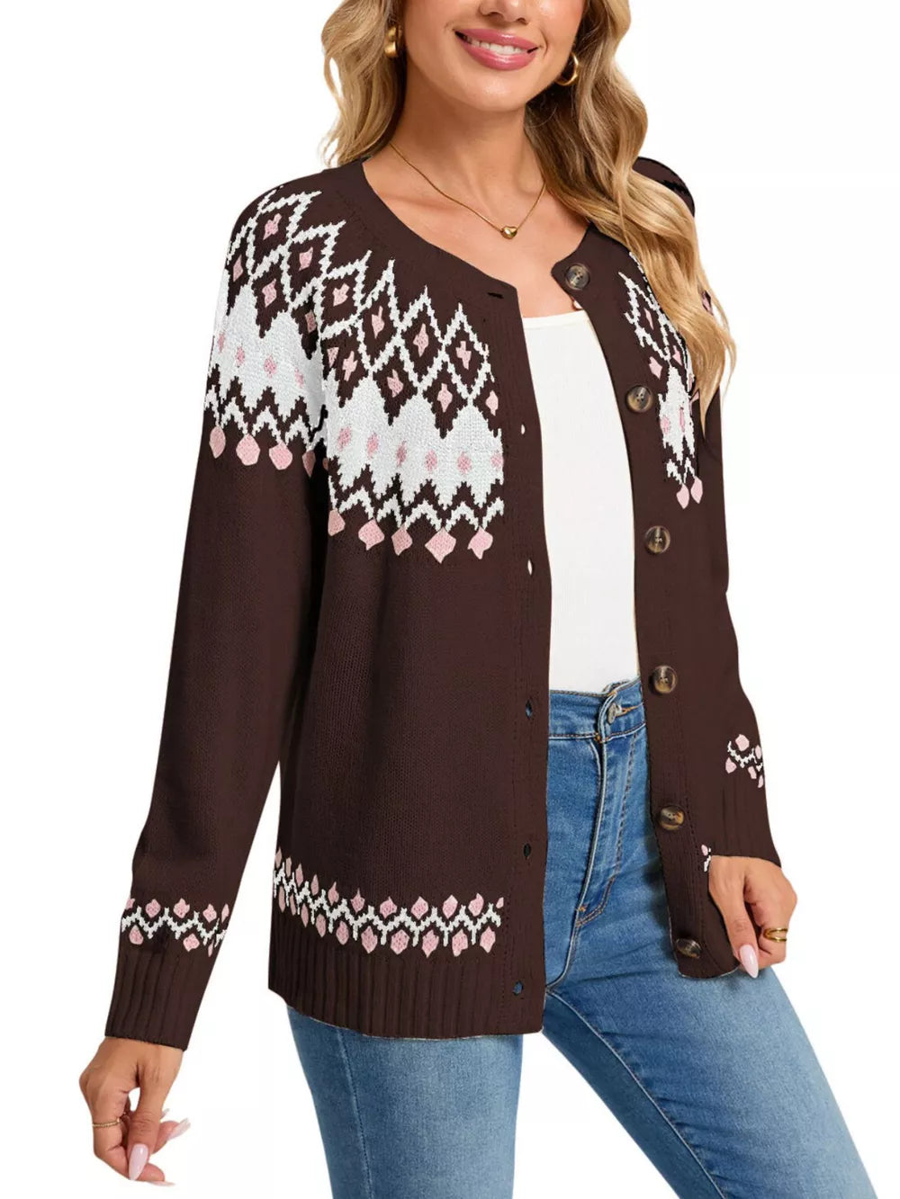 cardigan featuring Fair Isle in white with 100% polyester Care instructions: Machine wash cold texture
