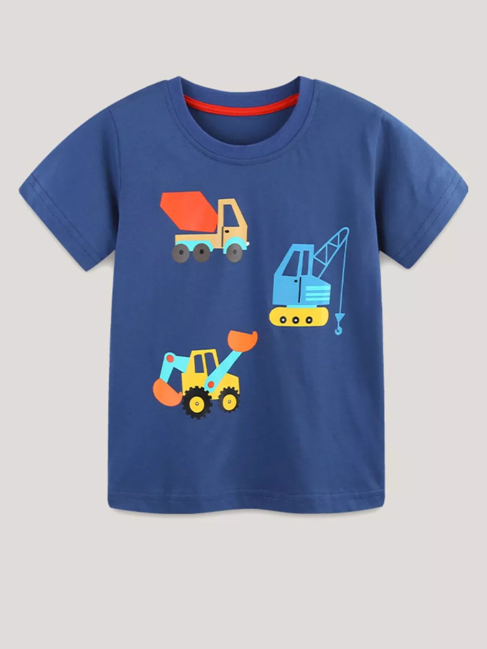 Blue cotton crew neck t-shirt with construction vehicle graphic print