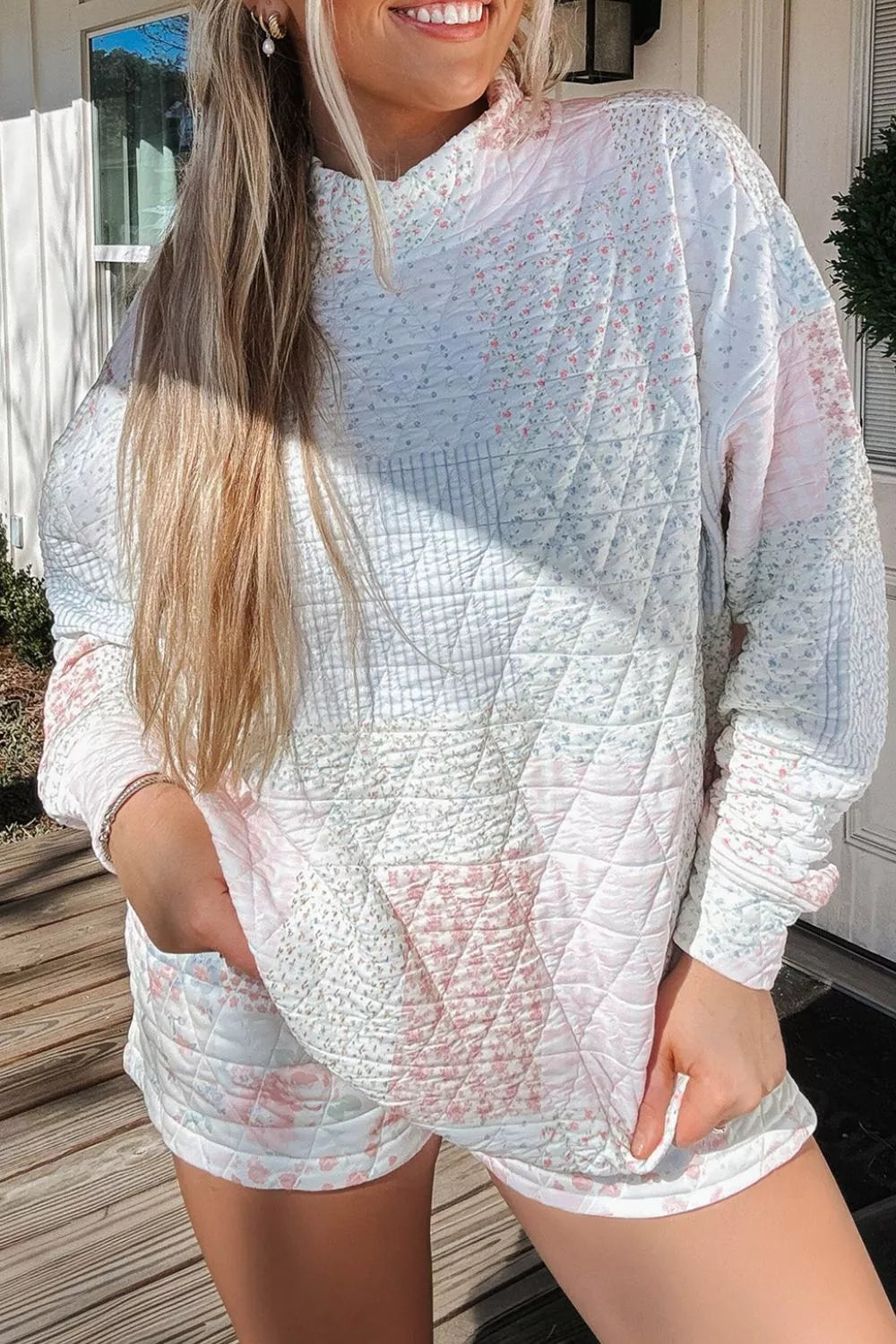 Multicolor Quilted Long Sleeve Top And Shorts Set