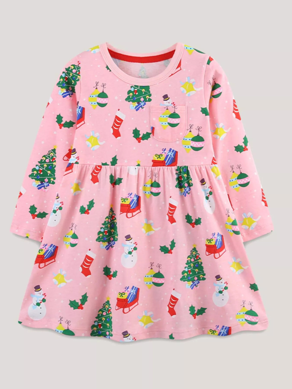 Pink Christmas print long-sleeve baby dress with snowmen, trees, and gifts.
