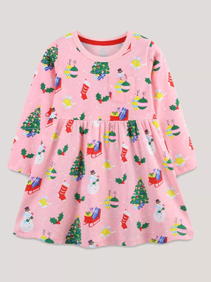 Pink Christmas print long-sleeve baby dress with snowmen, trees, and gifts.