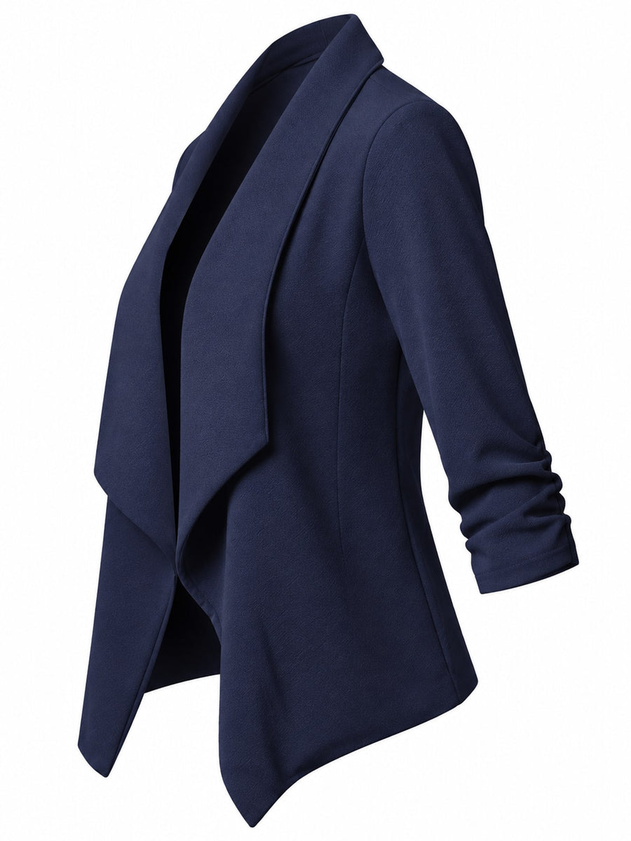 Full Size Open Front Drape Blazer 3/4 Sleeves in Green with ruched