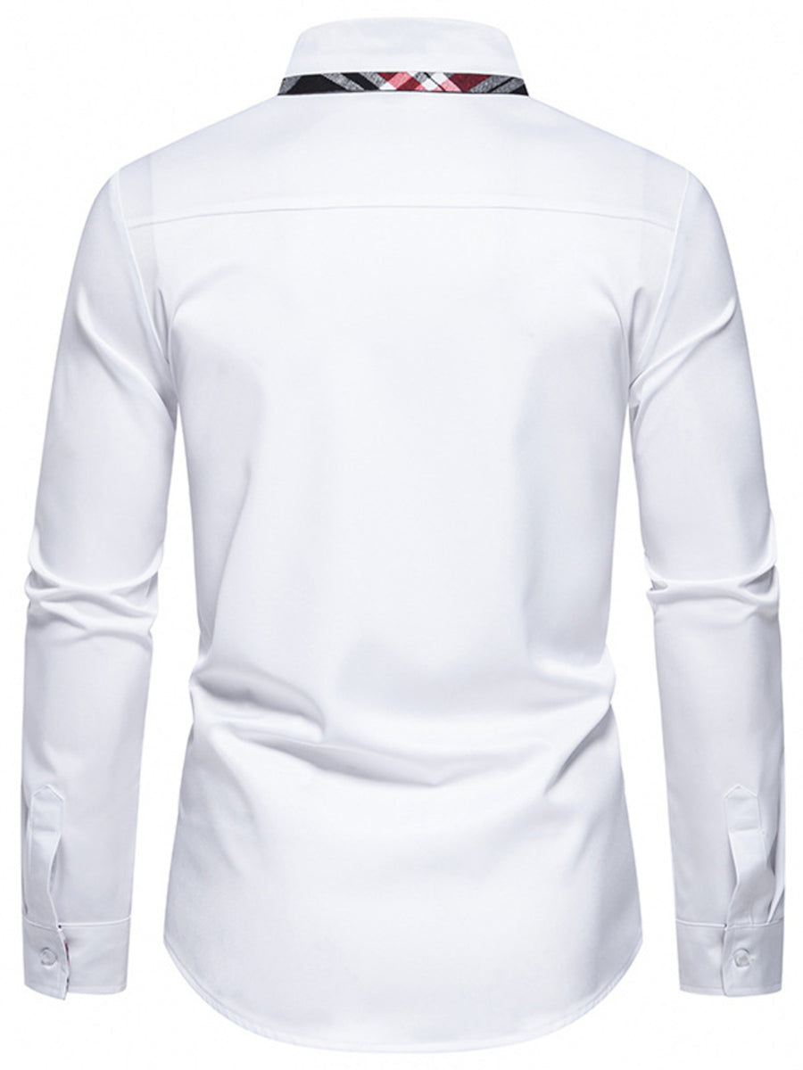 Men's white long sleeve shirt with plaid collar detail, slim fit cotton.