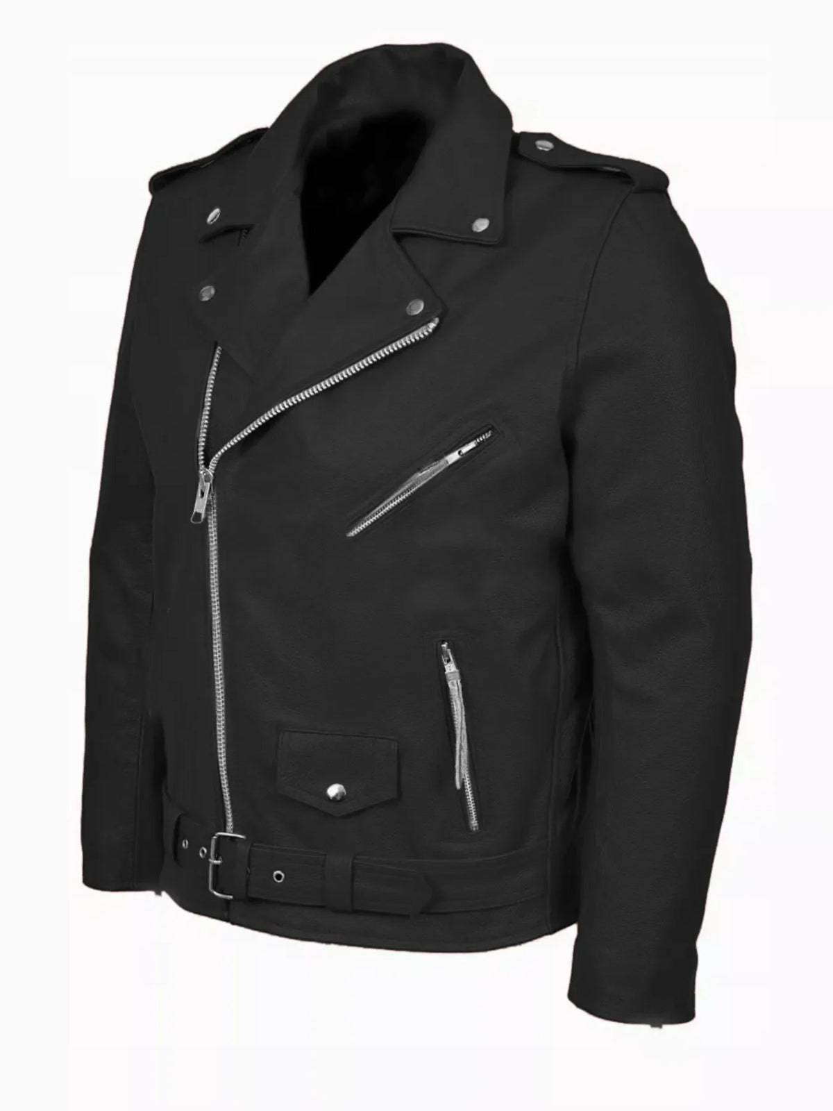 Black plus-size motorcycle jacket with zip-up front, belted waist, and zippered pockets.