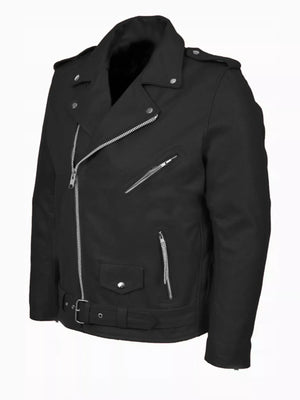 Black plus-size motorcycle jacket with zip-up front, belted waist, and zippered pockets.