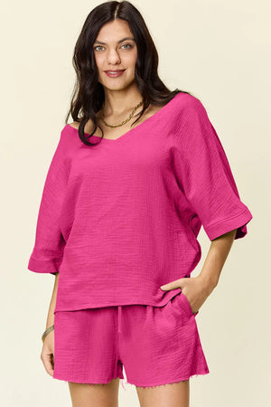 Hot Pink textured cotton half sleeve top and drawstring shorts set with a V-neck.