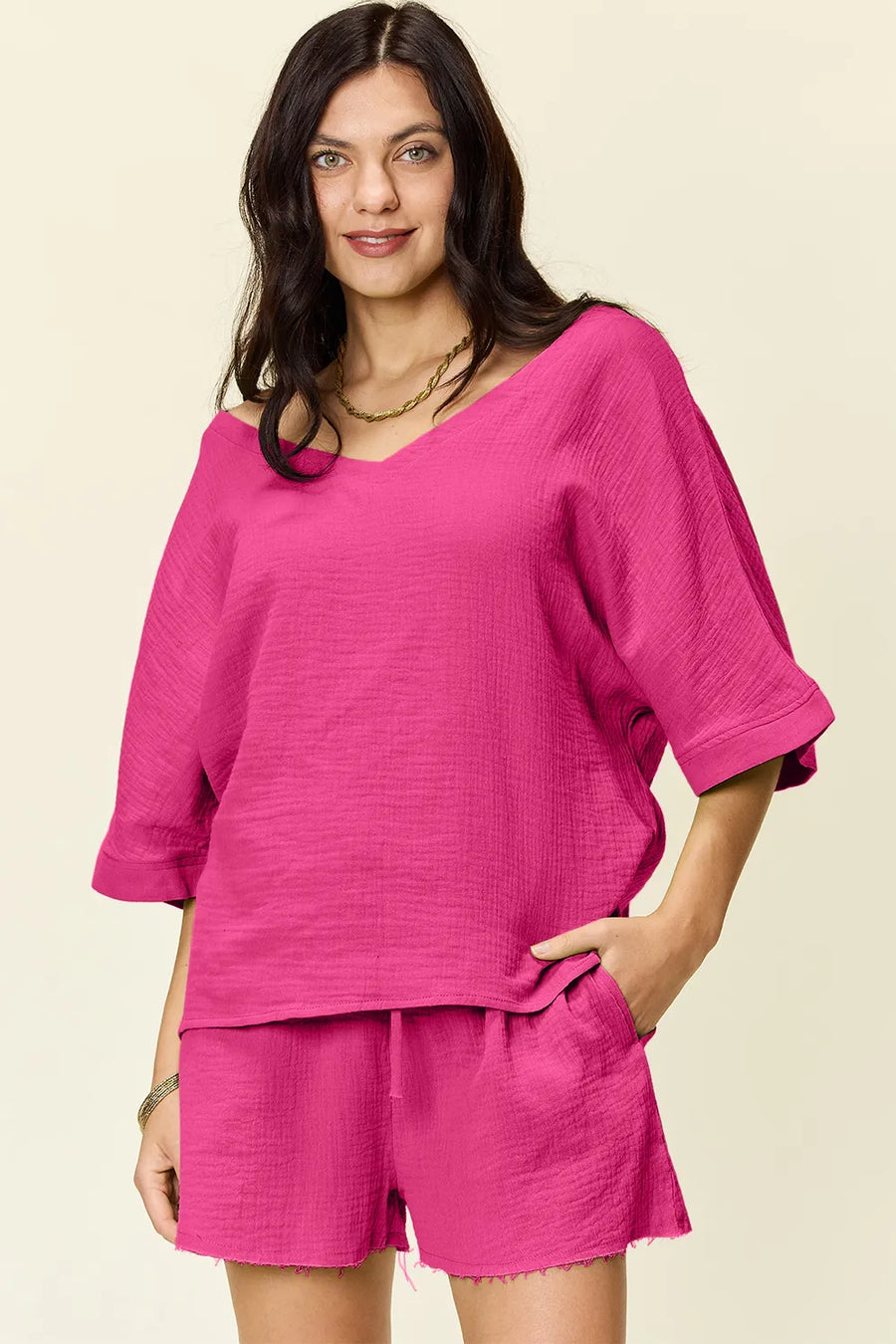 Hot Pink textured cotton half sleeve top and drawstring shorts set with a V-neck.