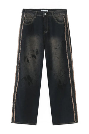 Distressed wide-leg jeans in dark wash denim with frayed trim and a relaxed fit.