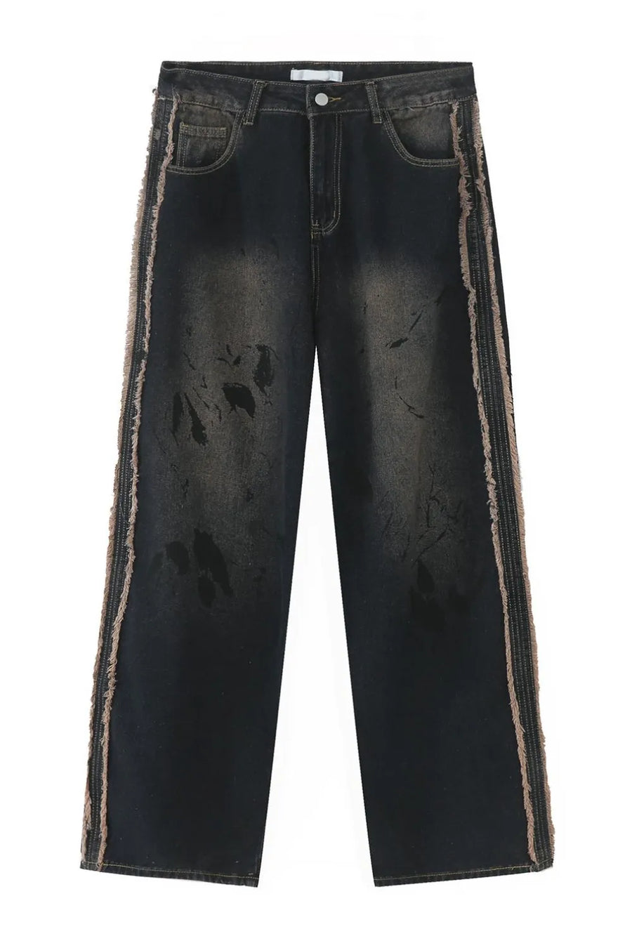 Distressed wide-leg jeans in dark wash denim with frayed trim and a relaxed fit.