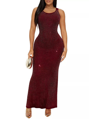 bodycon dress in black with rhinestone and maxi