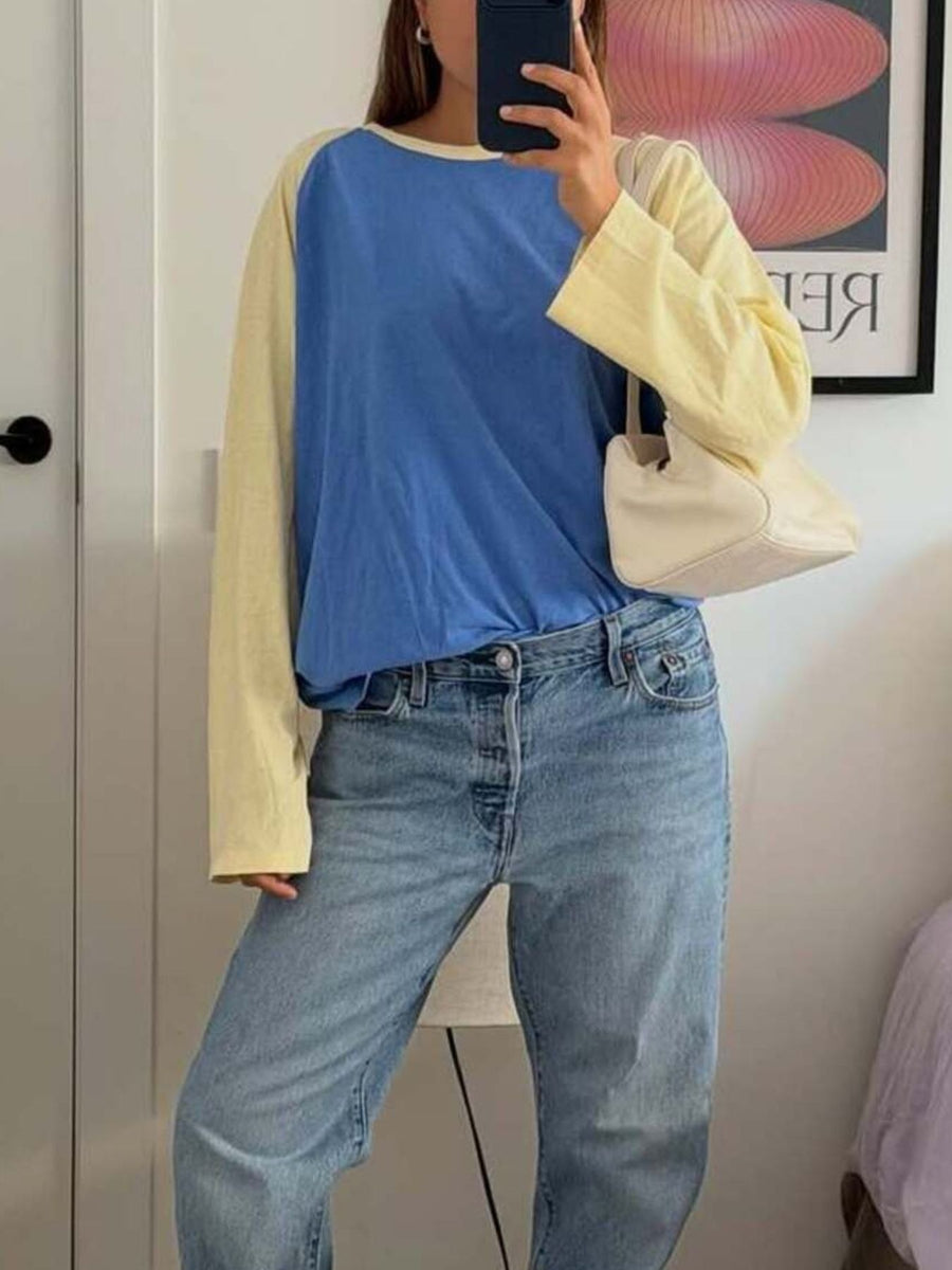 lemon yellow t-shirt featuring raglan sleeves and color-block