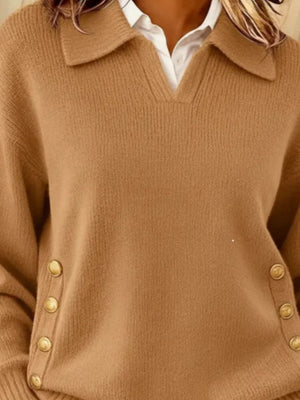 Decorative Button Dropped Shoulder Sweater Plus Size in Dark Brown with buttoned