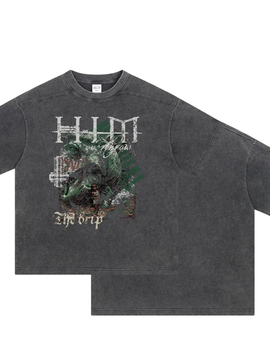 Acid wash dark gray graphic t-shirt with "The Drip" text and distressed graphic.