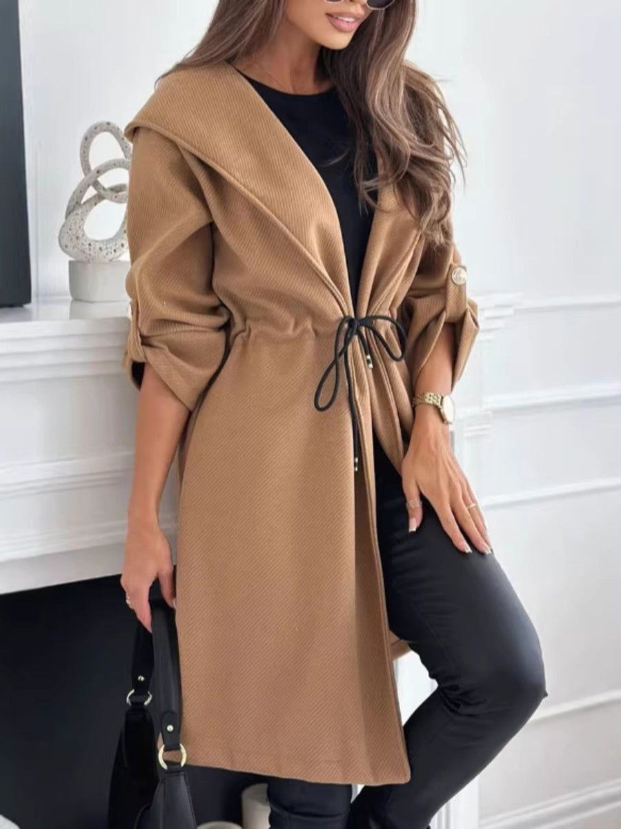 coat in camel featuring hooded and relaxed fit