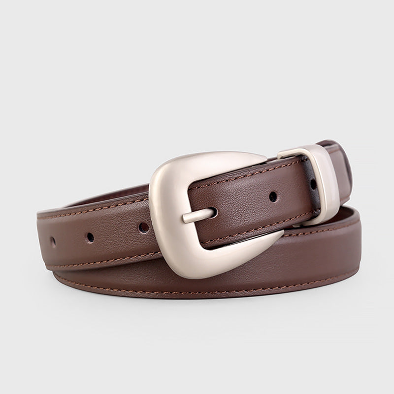 Brown cowhide leather belt with silver buckle and visible stitching.
