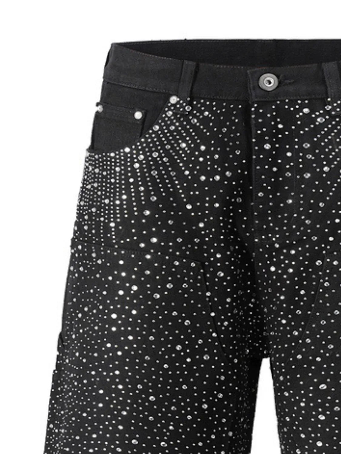Black denim bermuda shorts with allover crystal burst embellishment.