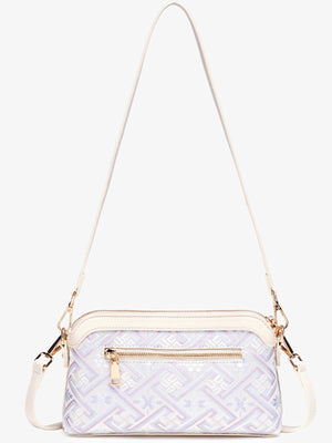 light blue crossbody bag with zip-front and geometric