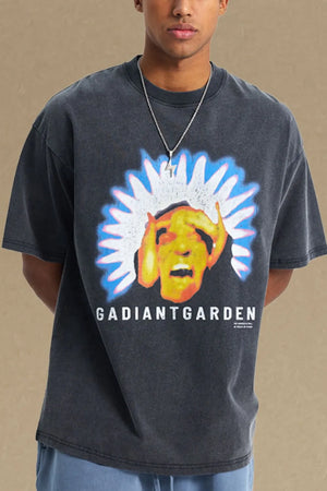 Black distressed graphic tee with Gadiantgarden print and crew neck.