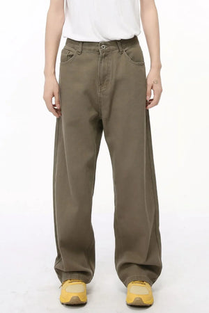 Taupe elastic waist straight-leg denim jeans with a relaxed fit.