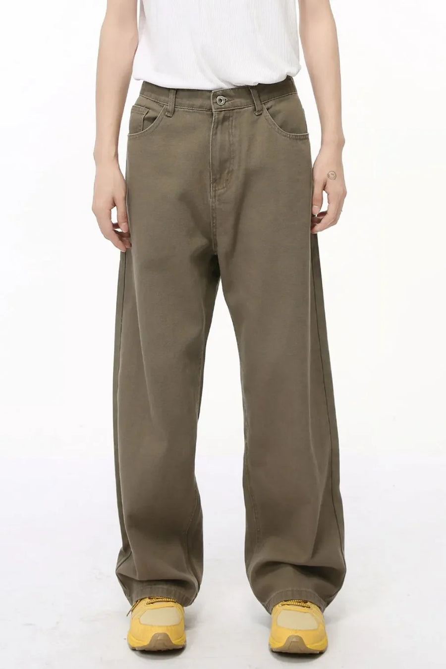 Taupe elastic waist straight-leg denim jeans with a relaxed fit.
