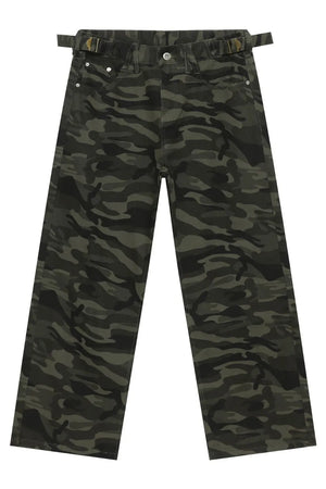 Wide-leg camo denim trousers in black with adjustable belt detail