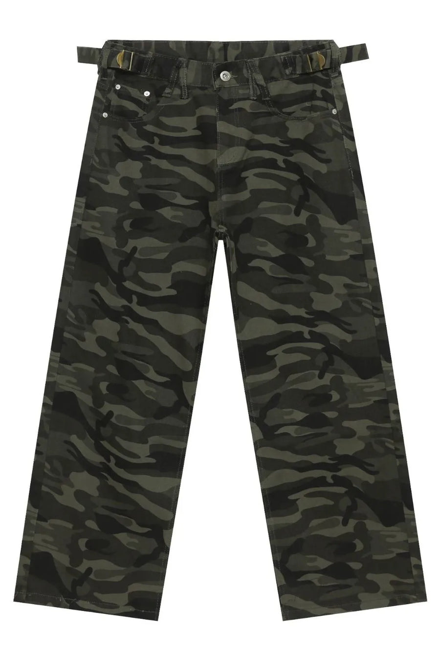 Wide-leg camo denim trousers in black with adjustable belt detail