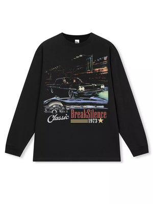 Black oversized long-sleeve t-shirt with classic car graphic and text BreakSilence 1973