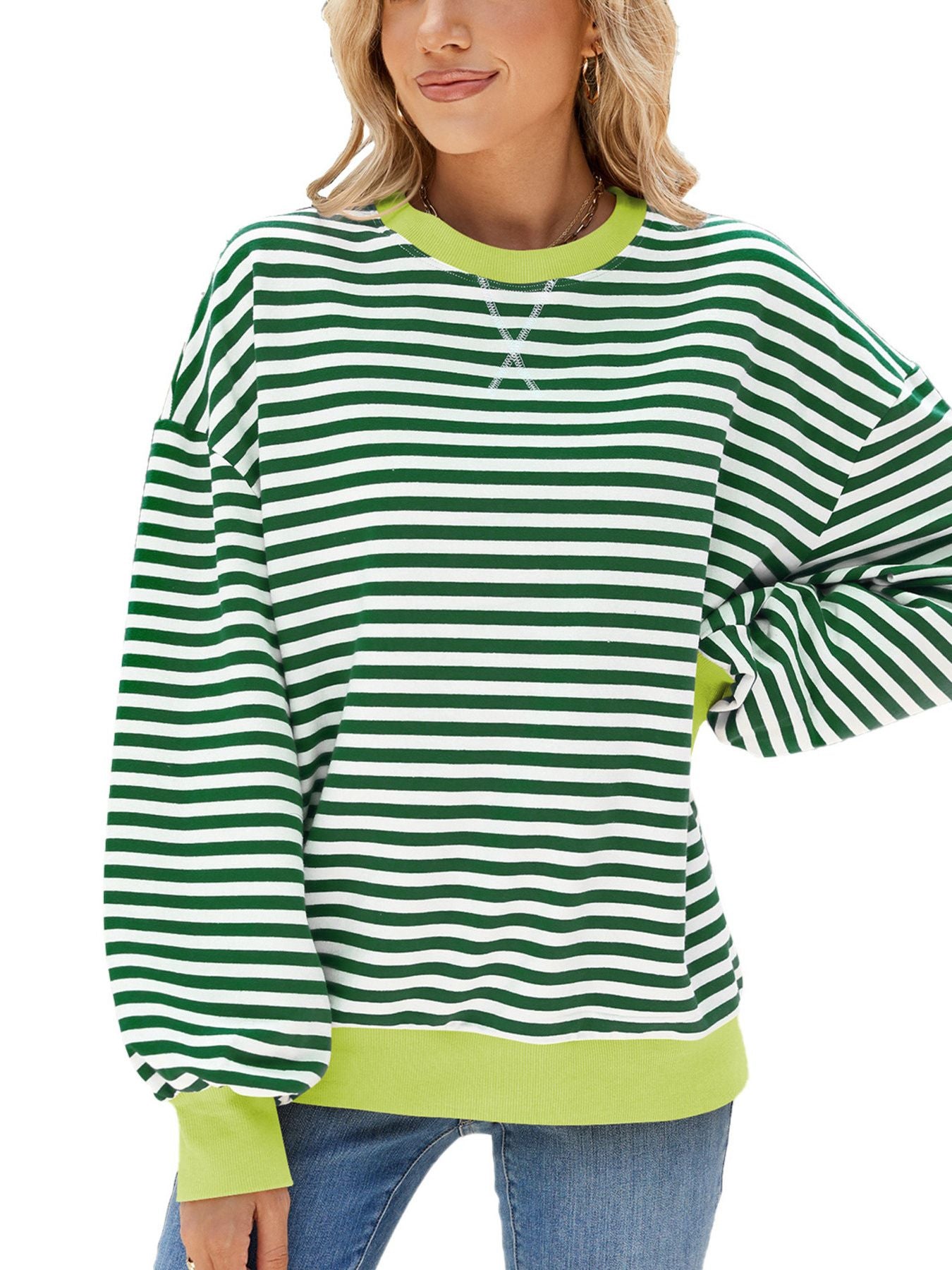 Striped crew neck sweatshirt in Gum Leaf green with white stripes and contrasting lime green trim.