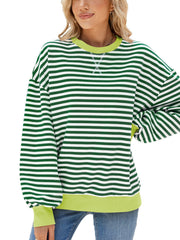 Striped crew neck sweatshirt in Gum Leaf green with white stripes and contrasting lime green trim.