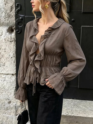 Brown with Ruffled V-neck Long Sleeve Blouse in Brown