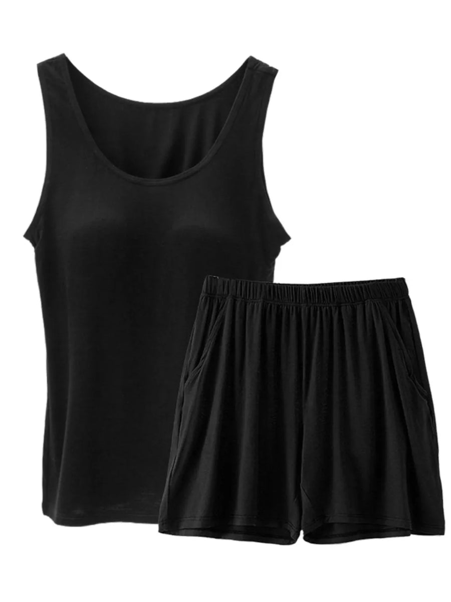 Black padded tank top and shorts set with pockets