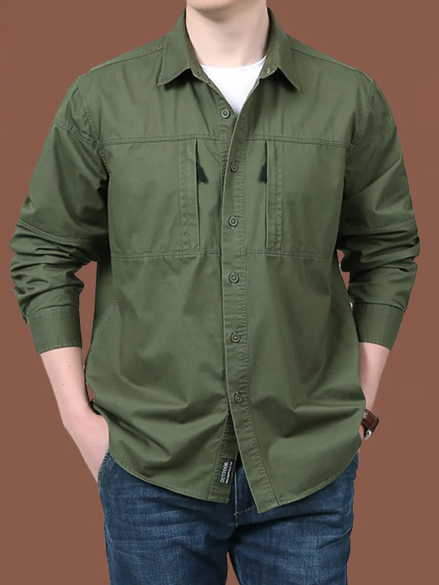 Men's relaxed fit military green cotton button-front shirt with dual chest pockets.
