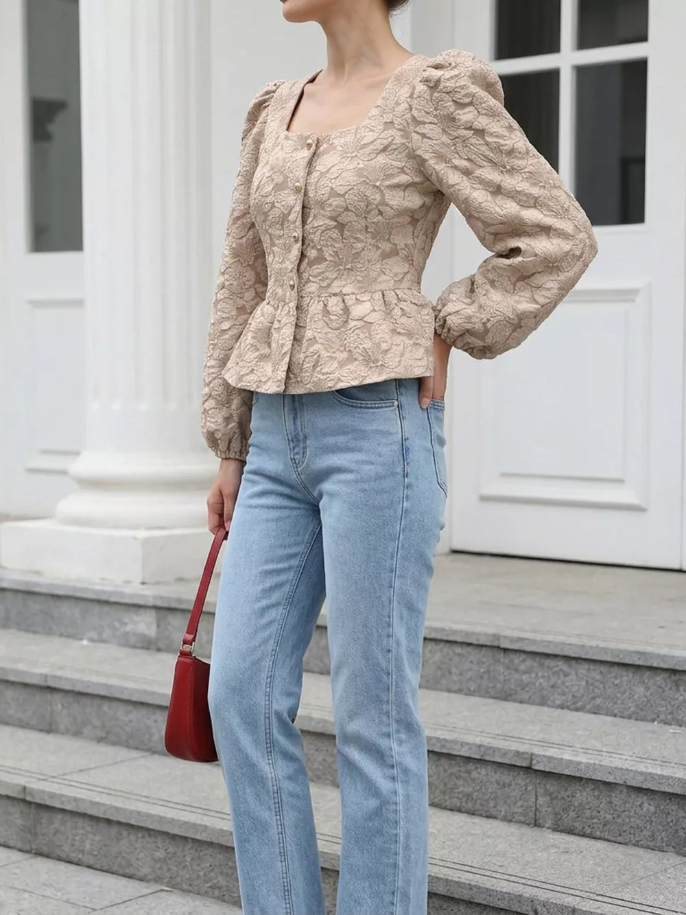 Square Neck Textured Peplum Blouse in Khaki