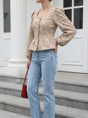 Square Neck Textured Peplum Blouse in Khaki