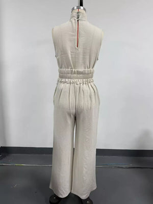 Navy Blue Sleeveless Wide-leg Jumpsuit With Smocked Waist