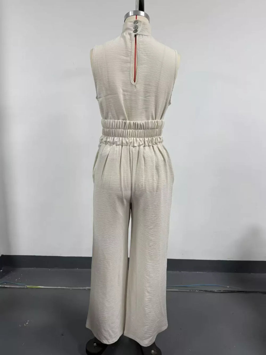 Navy Blue Sleeveless Wide-leg Jumpsuit With Smocked Waist