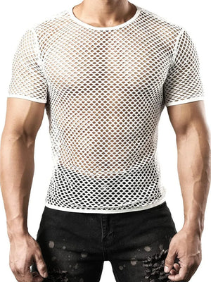 White mesh knit crew neck tee with short sleeves and a breathable, open weave.
