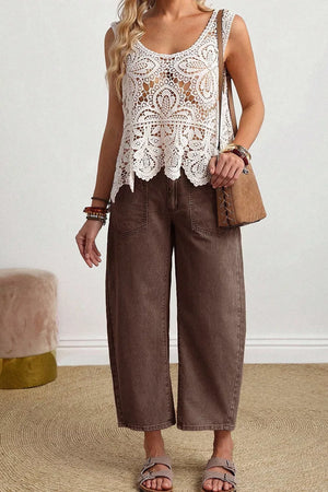 Solid Color Square Patch Pocket Barrel Jeans option 8