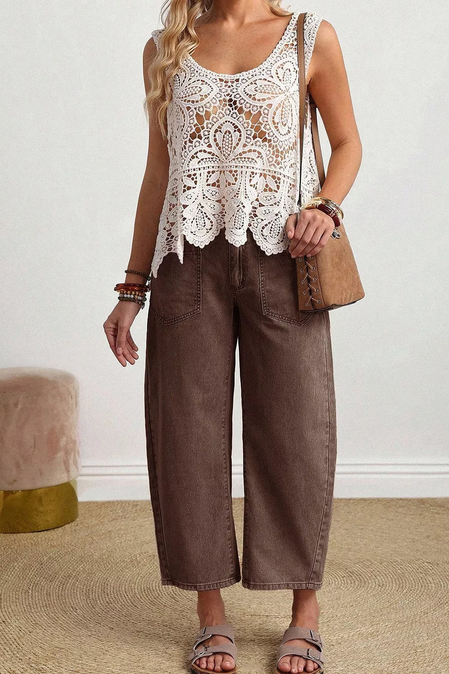 Solid Color Square Patch Pocket Barrel Jeans option 8