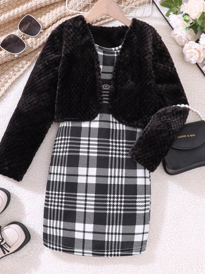 Children's black fuzzy cardigan set with a plaid dress and matching headband.