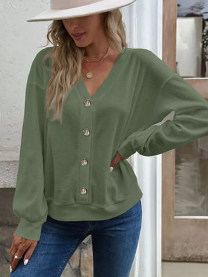 Casual V-neck Waffle Long Sleeve Top in Army Green
