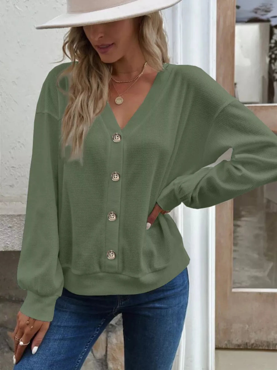 Casual V-neck Waffle Long Sleeve Top in Army Green