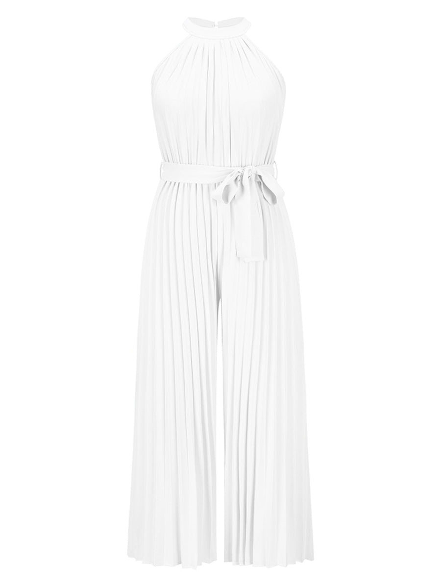 White halter neck pleated palazzo jumpsuit with tie waist