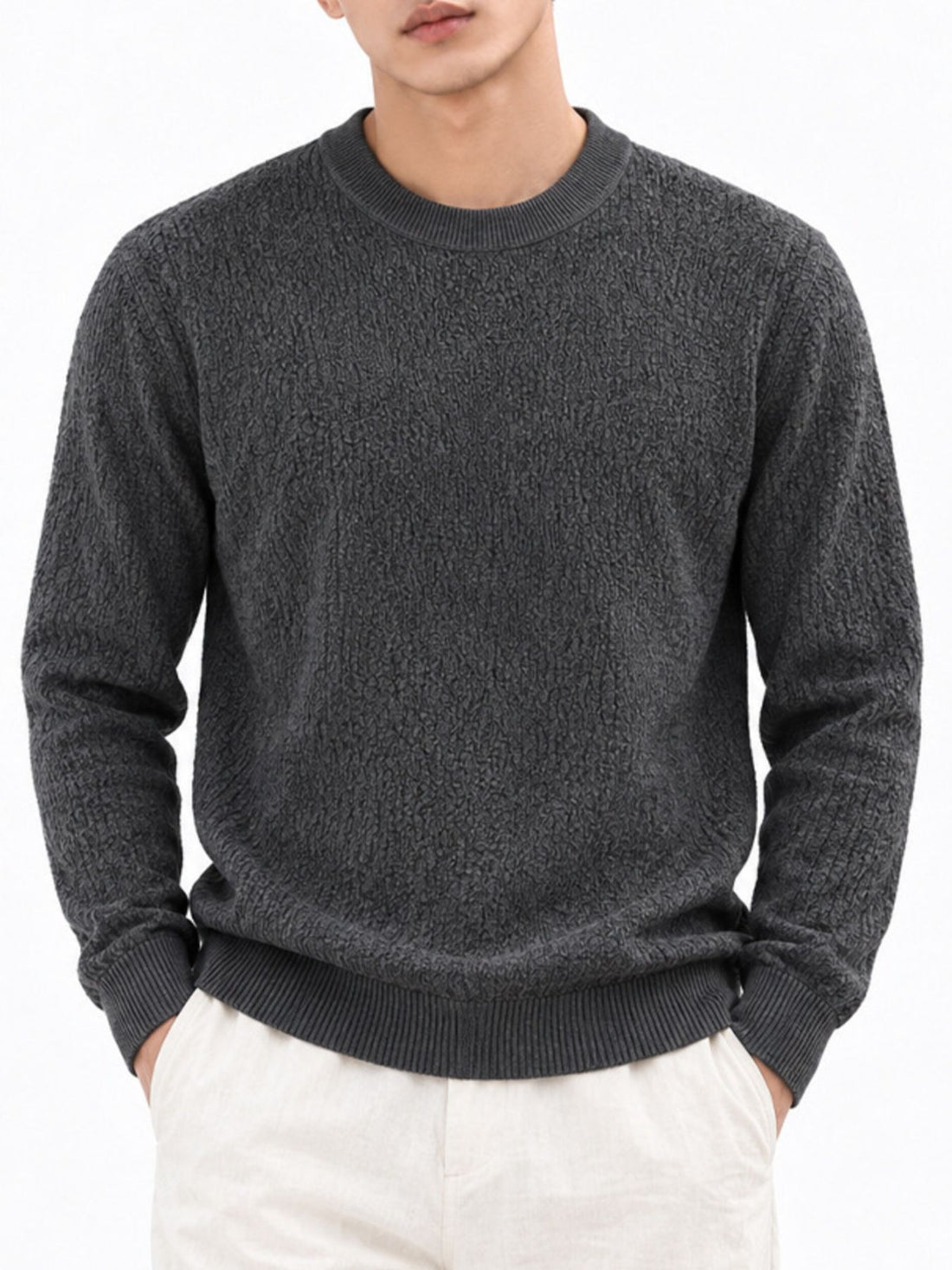 charcoal crewneck sweater with textured and crew neck