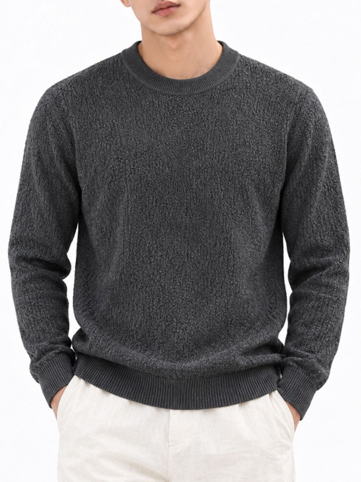 charcoal crewneck sweater with textured and crew neck