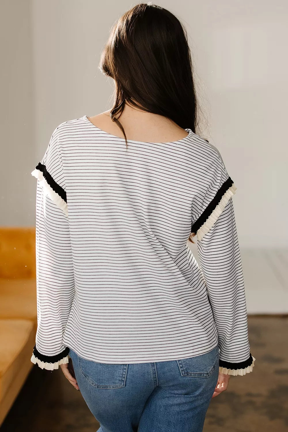 Stripe Stripe Contrasted Ruffle Trim Loose Long Sleeve Top