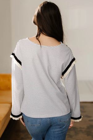 Stripe Stripe Contrasted Ruffle Trim Loose Long Sleeve Top
