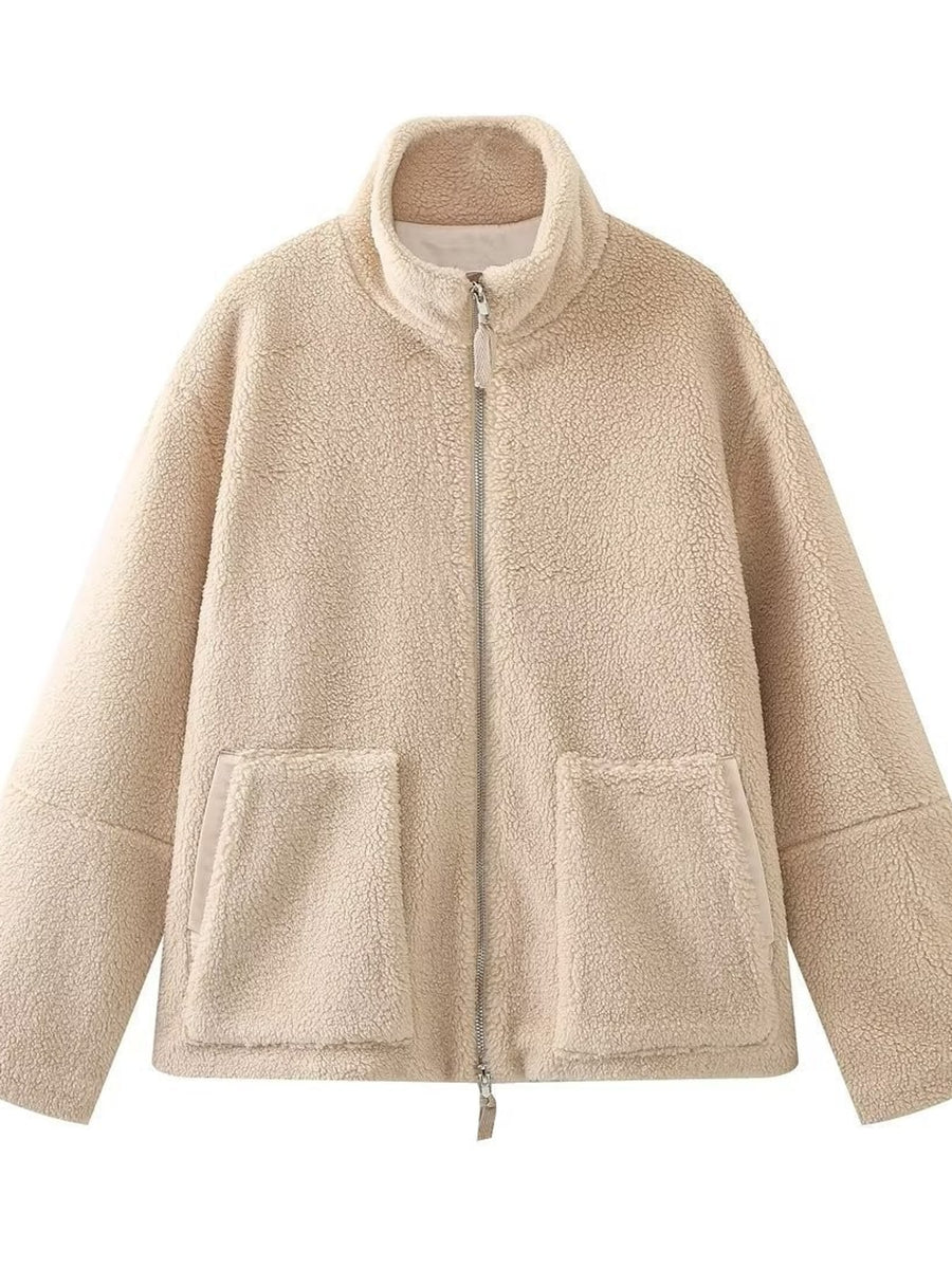 sherpa jacket in Reddish Brown with zipper and hip-length