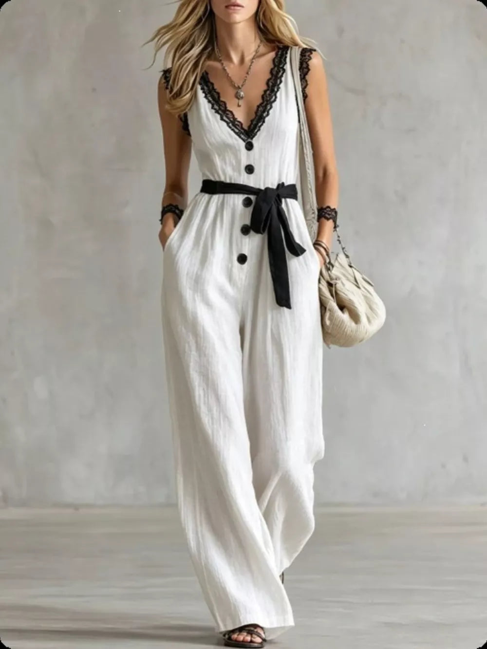 jumpsuit in off-white featuring lace trim and relaxed fit