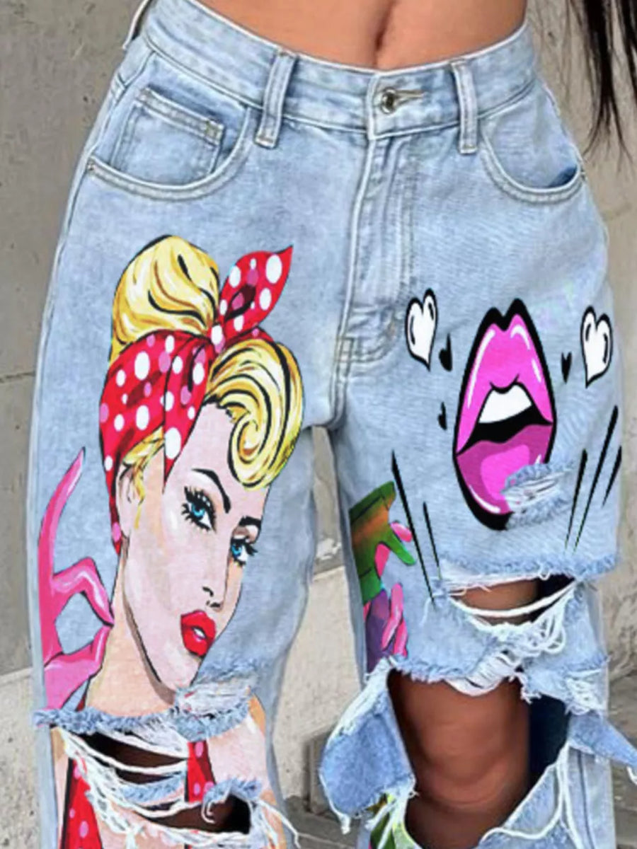 red wide-leg jeans featuring distressed and art print